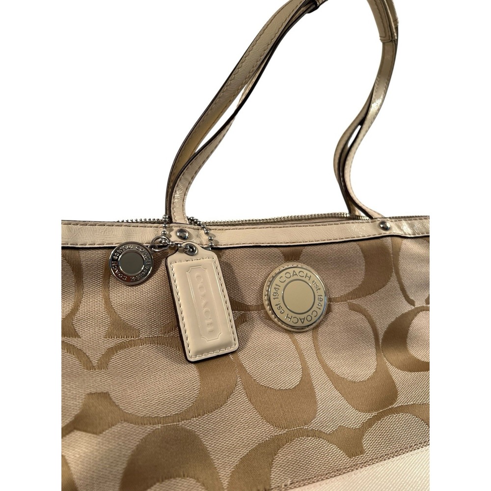 COACH Signature Stripe Canvas Shoulder Bag Purse Handbag‎ Creme Ivory Tan F19046 - Picture 4 of 10